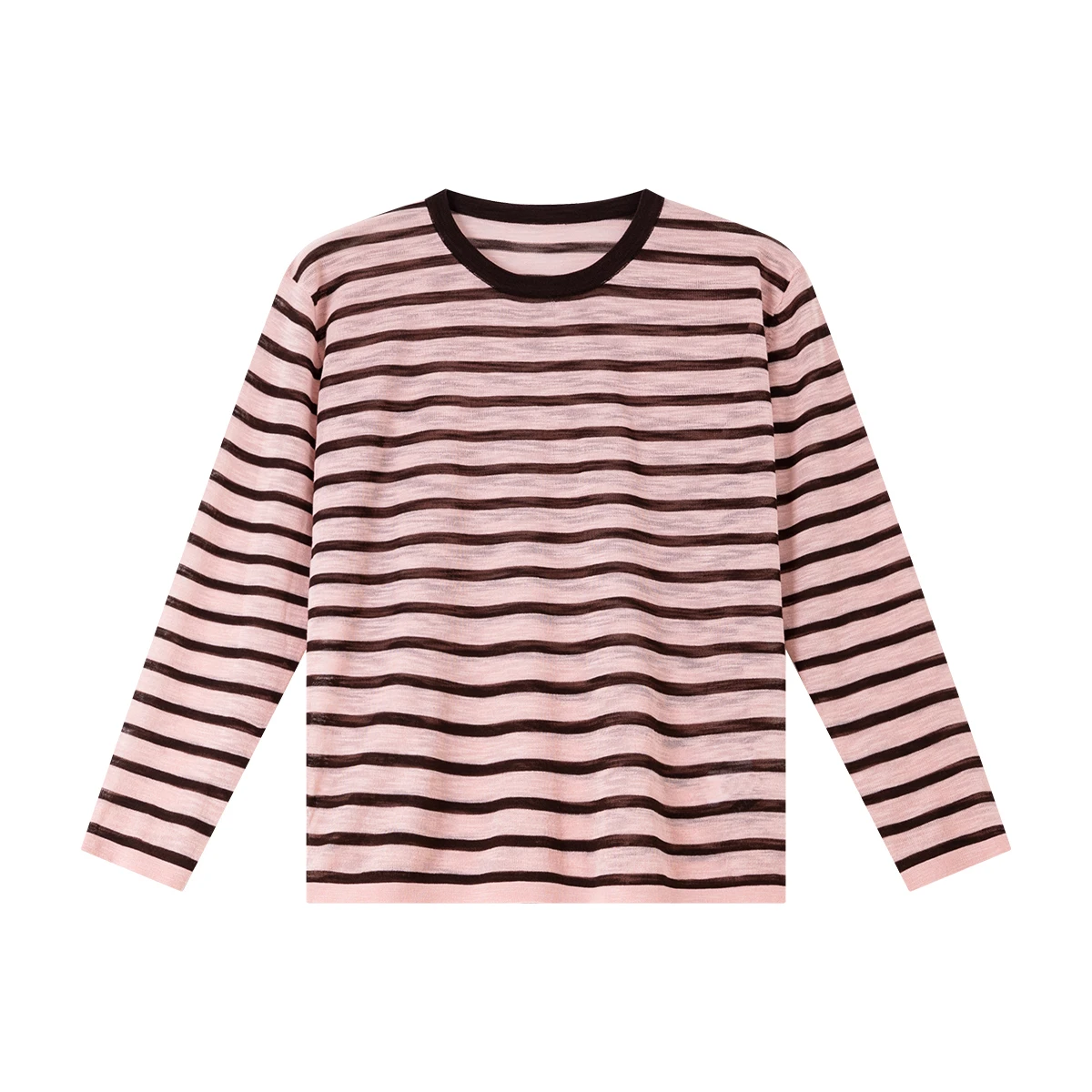 Vimly outono camiseta mulher 2025 listrado em torno do pescoço contraste cor feminina camisetas casuais de malha manga longa solta senhoras topos 75105