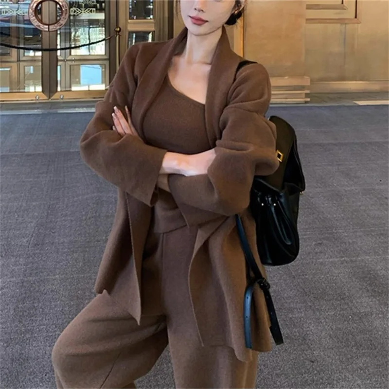 

Осень и зима, новый дизайн, простой вязаный свитер, комплект, женский жилет нестандартной формы, свитер, широкие брюки, комплект из трех предметов