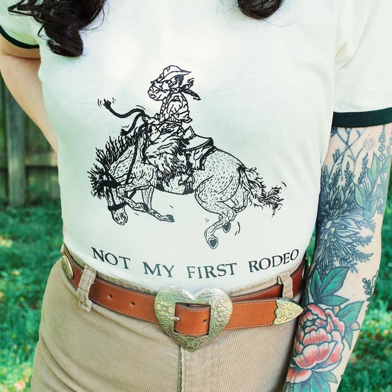 Not My Frist Rodeo Funny Graphic 80s 90s Vintage Graphic Tees Plus Size Loose Modal Short Sleeve Tops Round Neck Ringer t Shirt