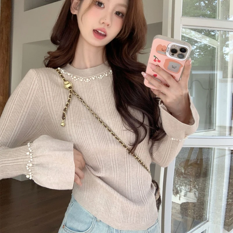 Korean Slim Youth All-match Pullovers Top Autumn Winter New Long Sleeve Solid Color Fashion Sweaters Sweet Elegant Women Clothes