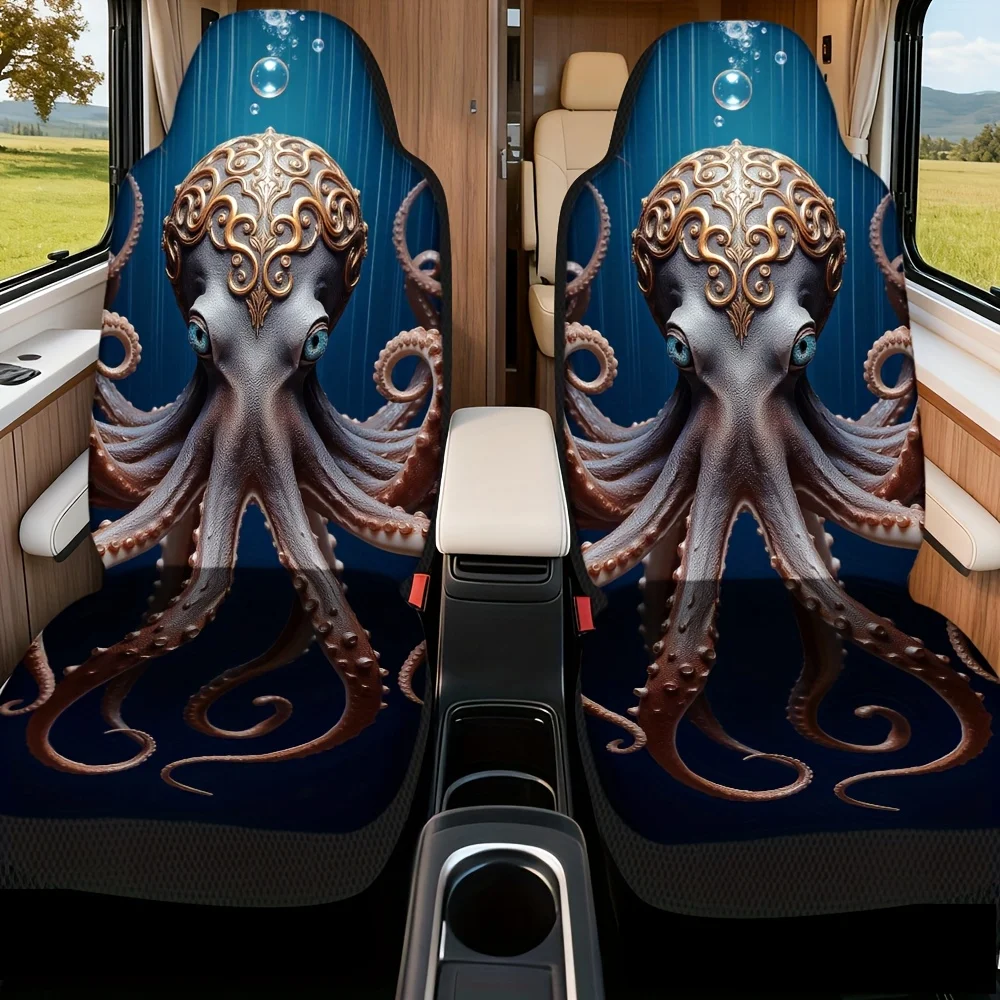 2pcs, Elegant Steampunk Octopus Fantasy Design Front Seat Covers, Perfect Fit For Single Front Car Seats, Enhances Car Interior
