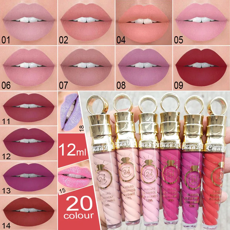 20 Farben Matte Flüssig-Lippenstifte Wasserfest Langanhaltend Schimmernd Nude Lipgloss Glitzer Nicht-klebend Roter Lippen-Tint Beauty Make-up