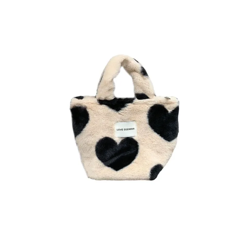 Handbag Japan Style Plush Sweet Cute Girl Heart-shaped Pattern Bento Bag Large Capacity Students Leisure Purses and Handbags