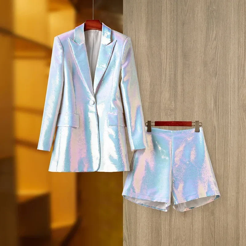 Traje de lentejuelas brillantes para mujer, conjunto de 2 piezas, pantalones cortos para mujer, ropa de trabajo de oficina, vestido de graduación para niña, Moda de Primavera