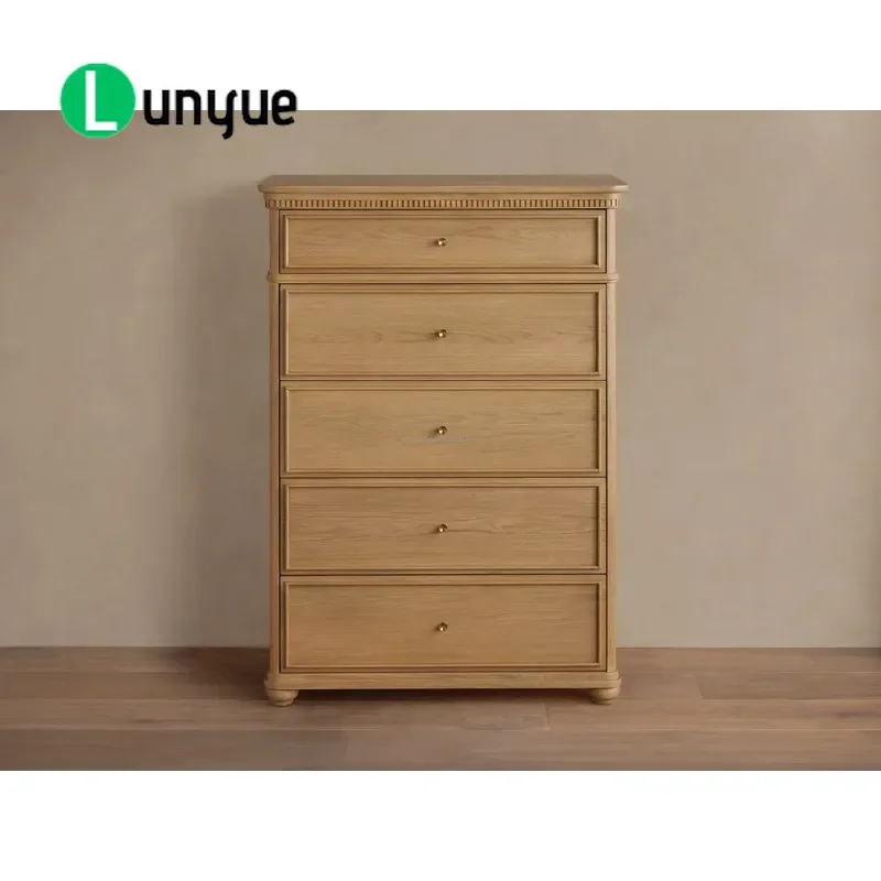 5-Drawer High Cabinet Dresser Solid White Oak Chest with Antique Brass Handles Slow-Closing Drawers for Bedroom Storage