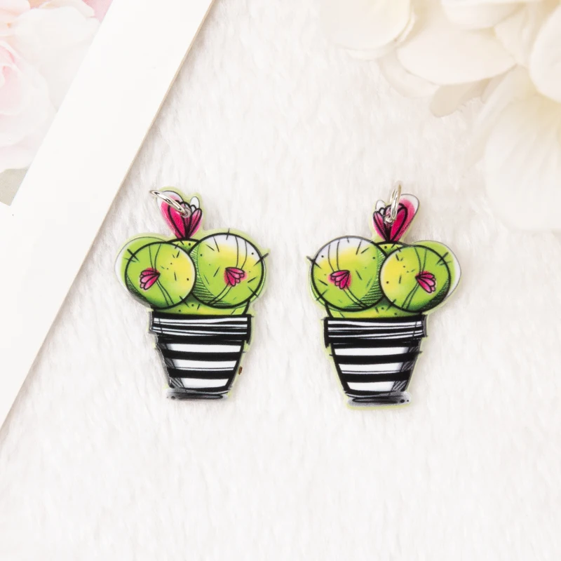 8Pcs Cactus Charms Creative Acrylic Earring Pendant For Necklace DIY Making Accessories