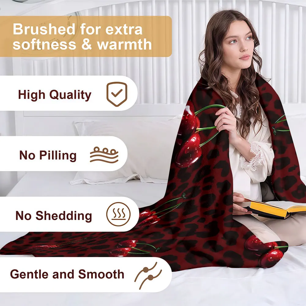Cherry Leopard Print Soft Warm Flannel Blanket Lightweight Cozy Christmas Halloween Home Decor Room