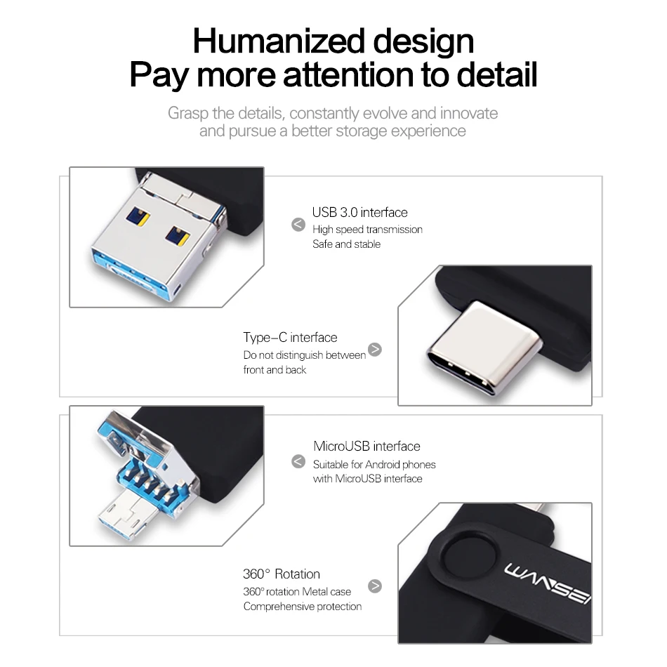 محرك فلاش USB من WANSENDA OTG 3 IN 1 USB 3.0 & Type C & MicroUSB Stick Pen Drive 512GB 256GB 128GB 64GB 32GB محرك بندريف عالي السرعة