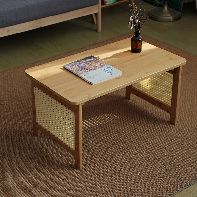 Foldable Bay Window Desk Bamboo Rattan Tea Table for Tatami MultiFunctional Study Desk with Storage Portable Laptop Tray for Bed