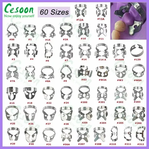 Bilashmart 60Sizes Dental Rubber Dam Clamps Endodontic Restorative Barrier Clips Frame Holder Molar Teeth Stainless Steel Oral Materials
