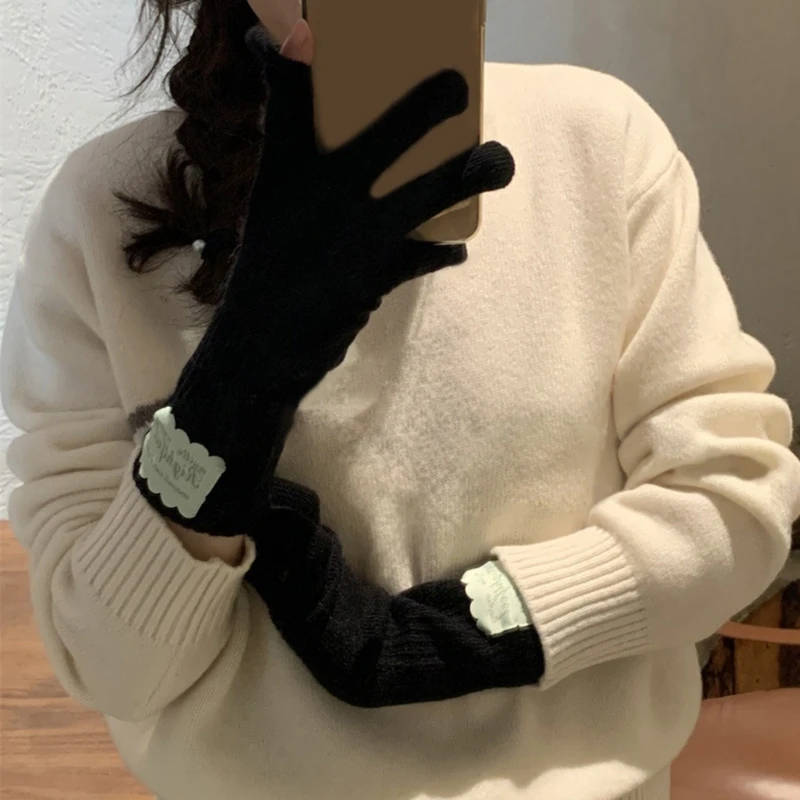 Women Winter Warm Knitted Gloves with Fashion Label Patched and Finger Hole Wrist Length Gloves for Outdoor Activity Daily Use