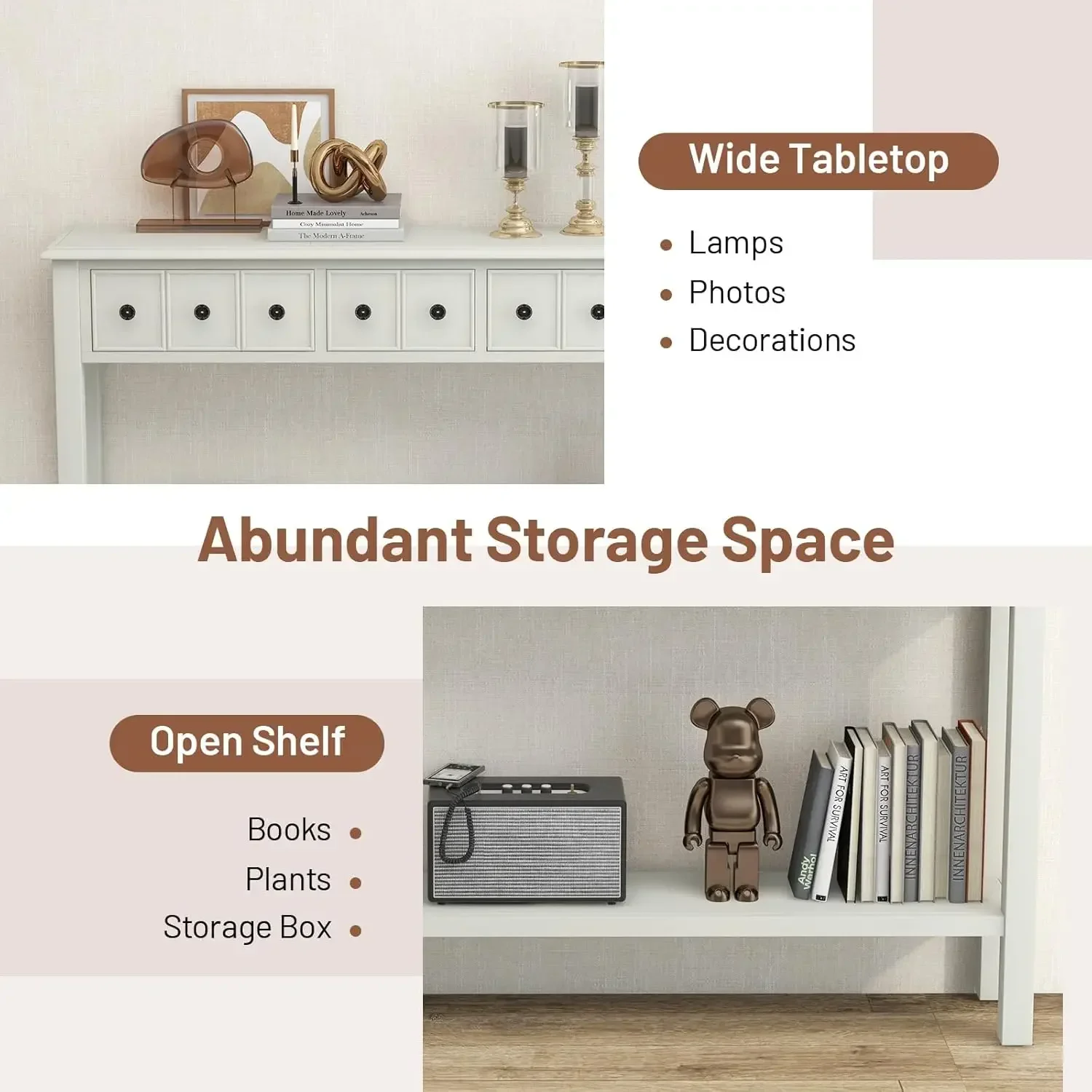 [Новое поступление, купите сейчас! ] Консольный столик с местом для хранения — приставной столик для дивана длиной 60 дюймов с 4 ящиками и открытой полкой, ножки из массива дерева, прямоугольник