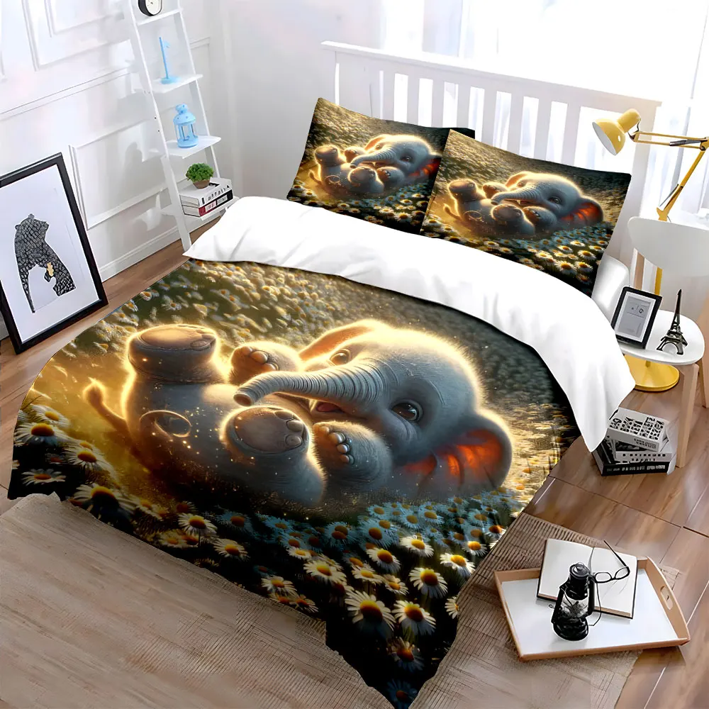 Cute baby elephant under warm glow Print Bedding Set 1 Duvet Cover 2 Pillowcases for Adult and Children Luxury Gift Full Size