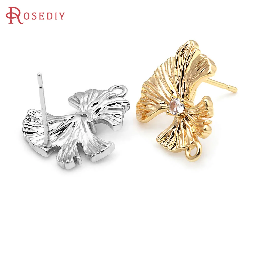 4PCS 18K Gold Color Brass and Zircon Ginkgo Biloba Stud Earrings Pins Earrings High Quality Diy Jewelry Making Supplies Earrings