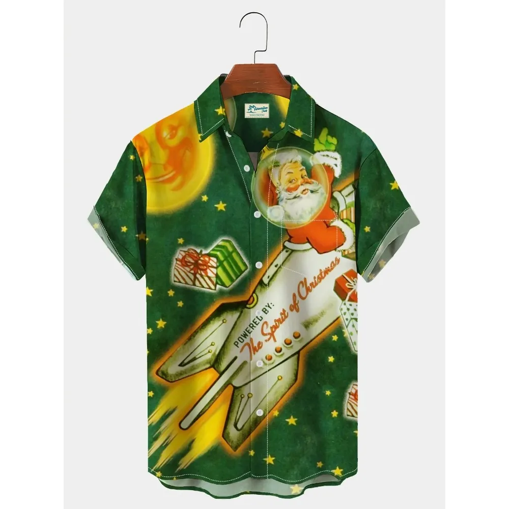 2024 New New Year Men's Christmas Shirt Short Sleeve Button Holiday Hawaiian Shirt Men's Santa Claus Golf Printing