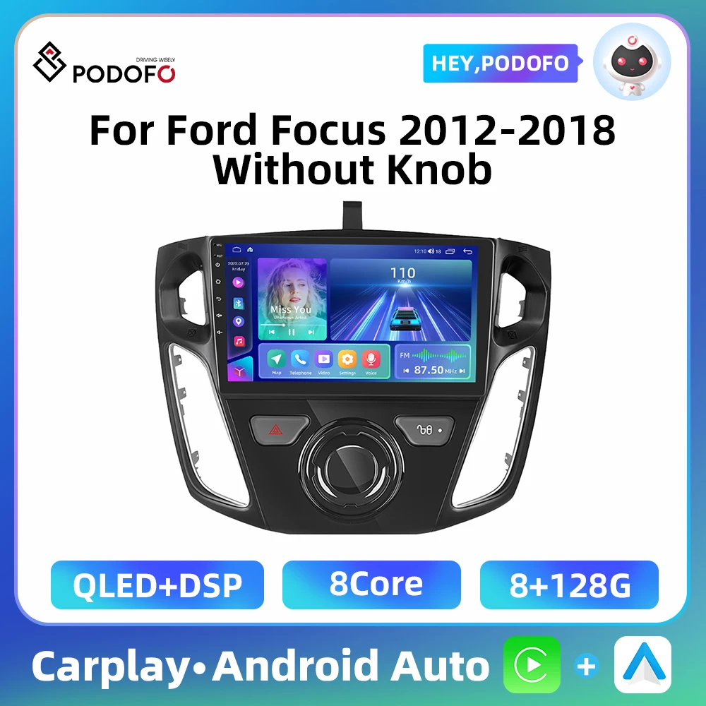 Podofo 8+128G 2Din Car Stereo For Ford Focus 2012-2018 9'' Multimedia Player Carplay Android Auto GPS Navigation WIFI Car Audio