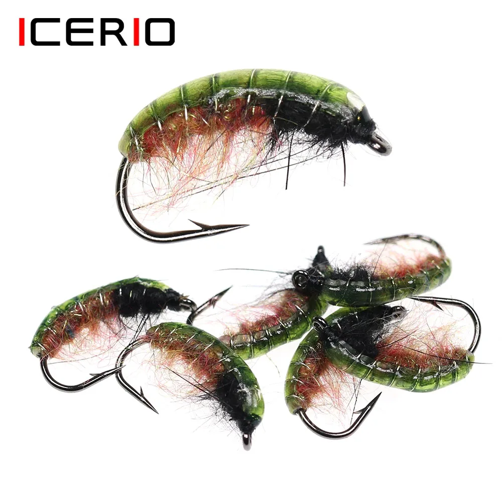 ICERIO 6PCS UV Green Back Nymphs Scud Bug Worm Flies with Barbed Hook Trout Fishing Fly Lure Bait