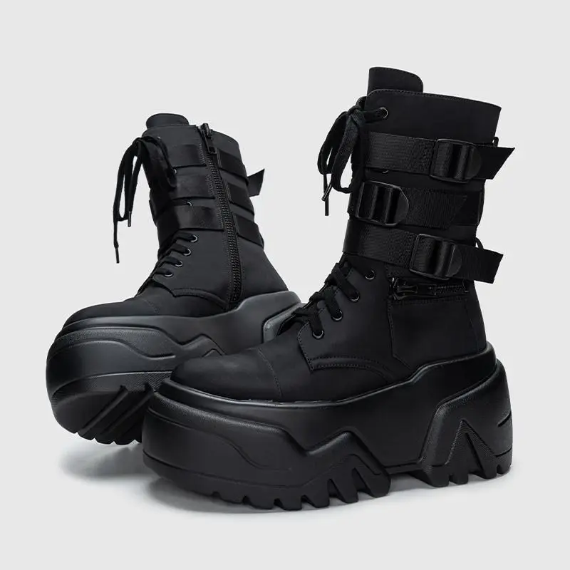 Cos Black Warrior Boots, hohe, dicke Sohle, 9 cm, Unisex-Stiefel, modische britische Stiefel mit dicker Sohle, mittelhohe Stiefel, Cosplay-Stiefel, Schuhe