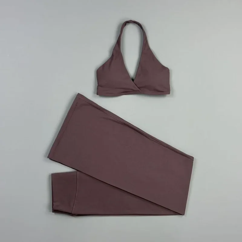 2-teiliges Origin Flares Hosen-Set: Neckholder-Sport-BH mit V-Ausschnitt, hochelastische, atmungsaktive Yoga-Schlaghose, Fitness-, Lauf- und Trainings-Set – Detail 15
