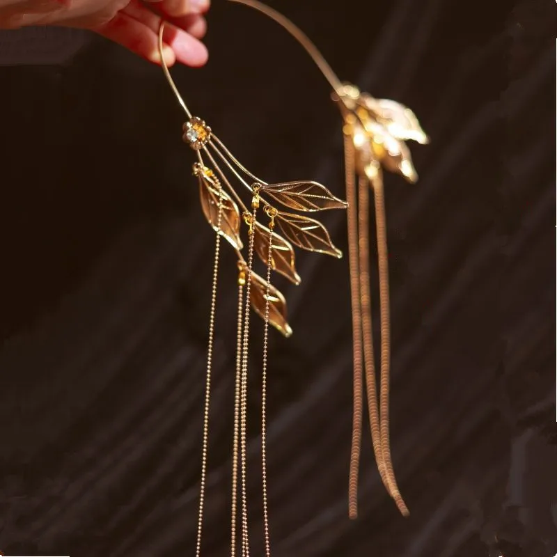 Beautiful Golden Leaf Hanfu Hairband Headband Princess Hair Accessories With Tassel Wedding Bride Headwear Ancient Style