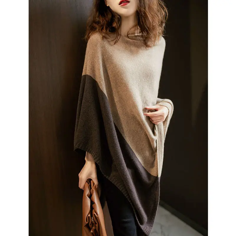 Spring and Autumn Women The Hood Semi-turtleneck Long Sleeves Color Matching Loose Knitted Outside Fashion Casual Shawl Coat