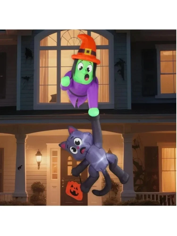 Sloosh 8FT Hohe Hexe und Schwarze Katze Halloween Aufblasbare Dachdekoration Aufblasbare Dekoration mit LED-Lichtern Riesige Halloween-Aufblasfiguren für Außenbereich, Hof, Dach, Innenbereich, Garten,