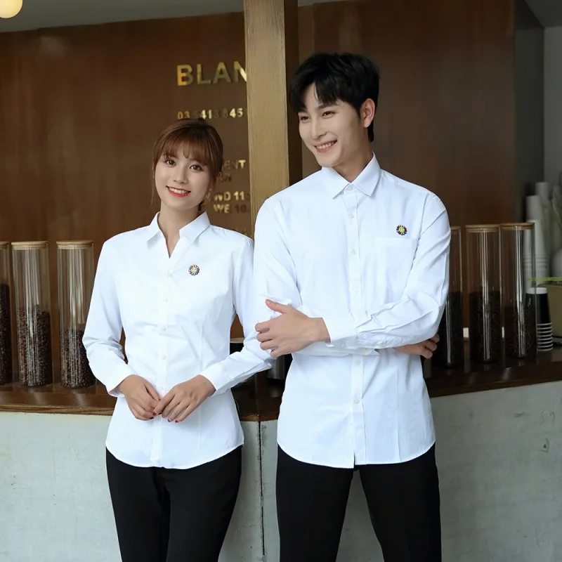 

Fast food restaurant waiter whiteVLong Sleeve Shirt for Restaurant, Milk Tea Shop, Steak Shop, Cake Shop, AutumnJWork Clothes
