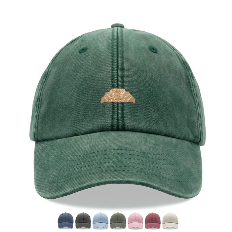 1 Stück Croissant-Druck Retro Baseballkappe, Freizeit Gewaschene Unisex Dad Hat Verstellbare Verblasste Sport-Sonnenkappe für Wandern Sommer Urlaub
