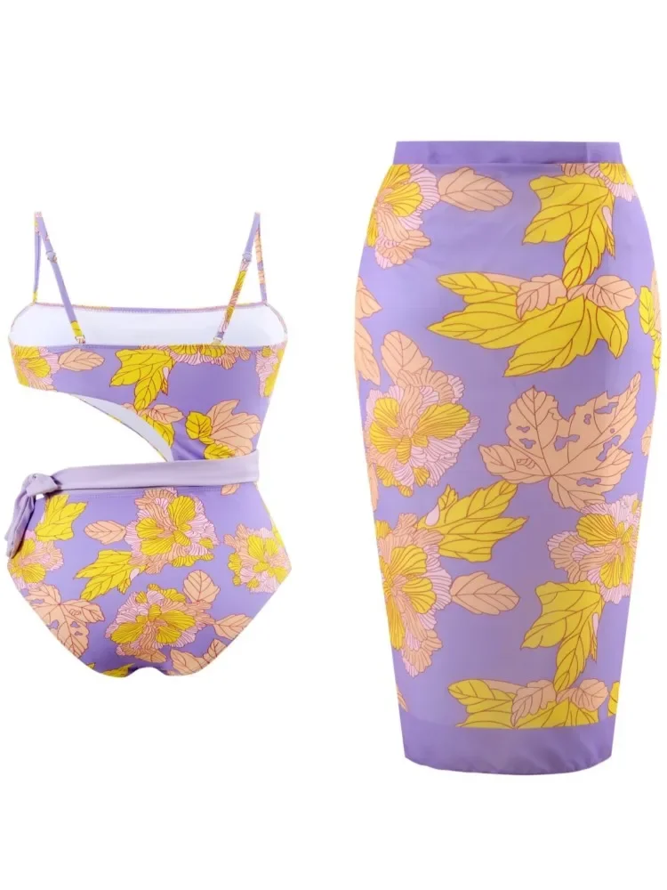 Retro Green Bikini Printed Fashion One Piece Swimsuit And Cover Up With Skirt Tight Women's Bandage Summer Beach Luxury Elegant