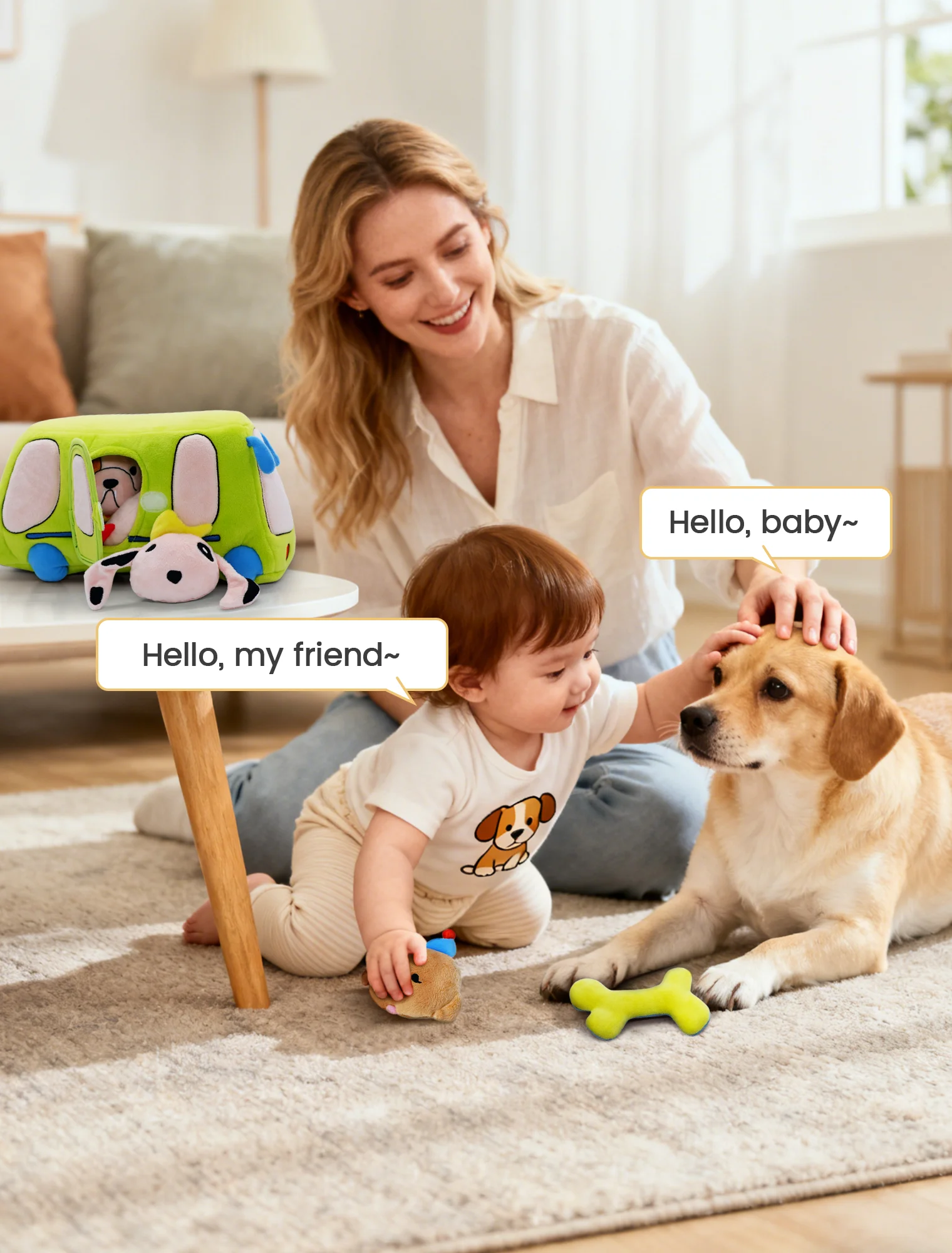 ソフトパピーバス モンテッソーリ感覚玩具 ラトルミラー付きスクイーカー 幼児向け早期教育玩具 男の子＆女の子向け