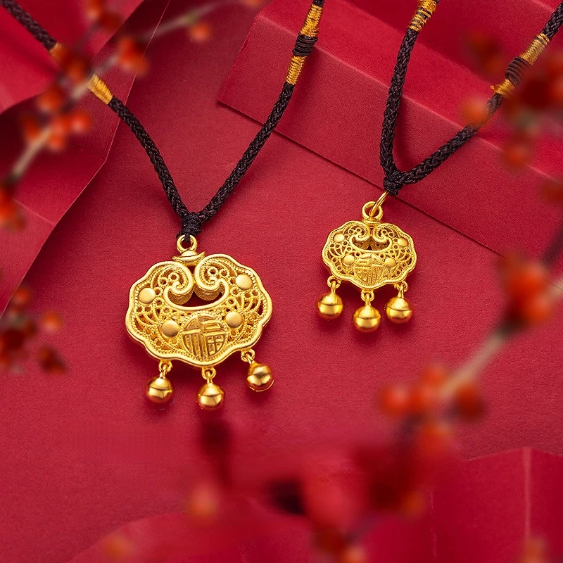 Hollow Pure 14k Gold Plated Lock Pendant Necklace for Women Child Wealth Traditional Chinese Characteristics Chain Jewelry Gift