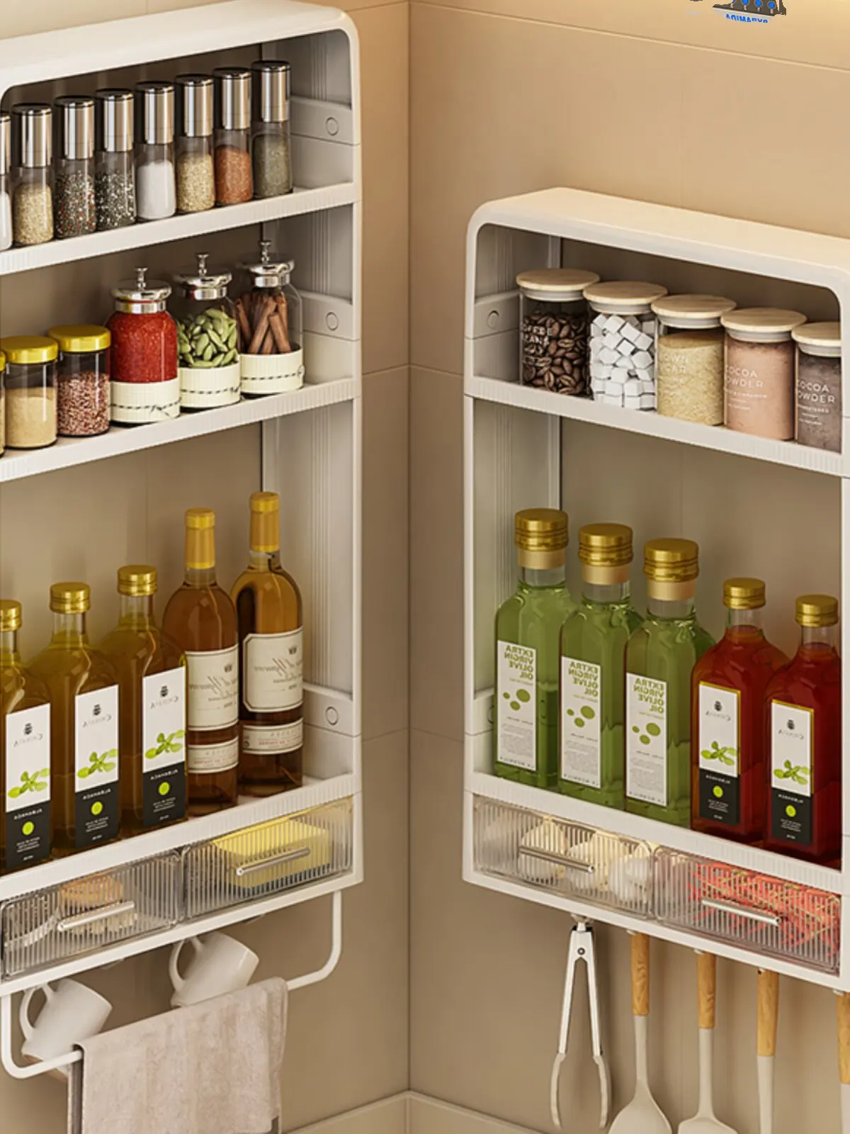 Kitchen Wall-Mounted Multi-Functional Spice Rack Oil Salt Soy Sauce Storage Box Two Layers Organizer for Cooking Utensils