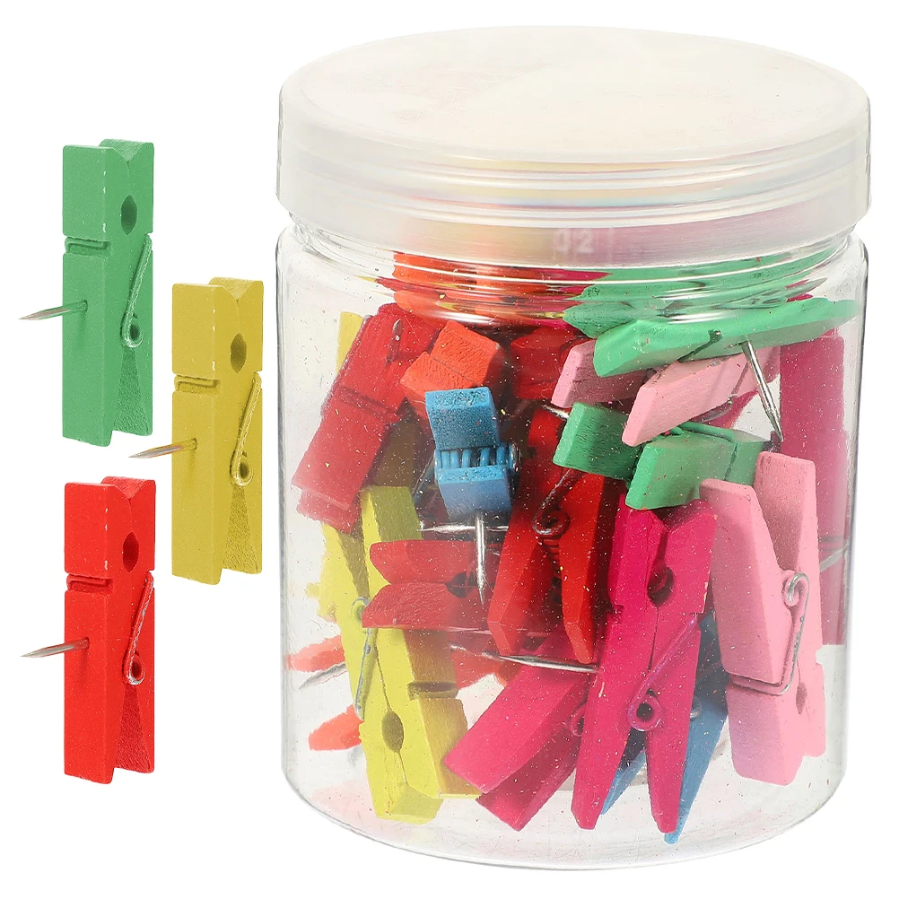 

50pcs Wooden Clip Thumbtack Pushpins Large Decorative Storage Box Design Multiple Colors Rounded Corners Smooth Practical