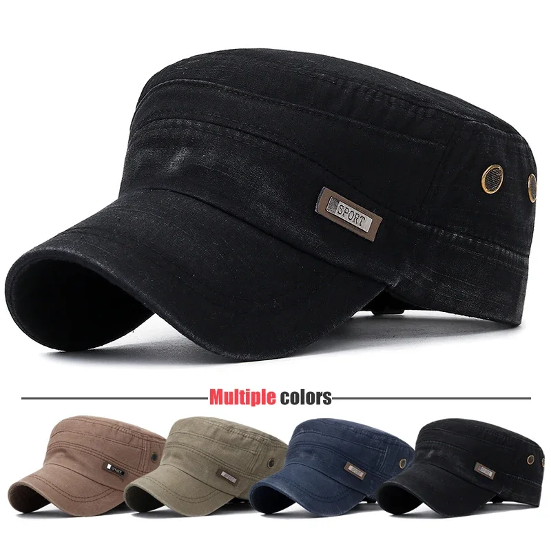 Washed Distressed Military Academy Cadet Flat Cap Fashion Classic Unisex Outdoor Casual Sports Adjustable Snap Back Flat Cap