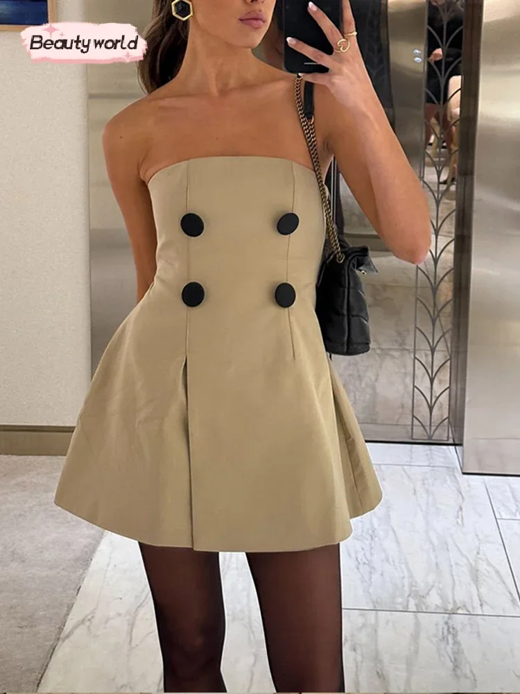 Sexy Khaki Senza Spalline Bottone Vestito Delle Donne Senza Maniche Backless A Vita Alta Una Linea di Abiti 2024 Nuovo Femminile Casual High Street Vestido