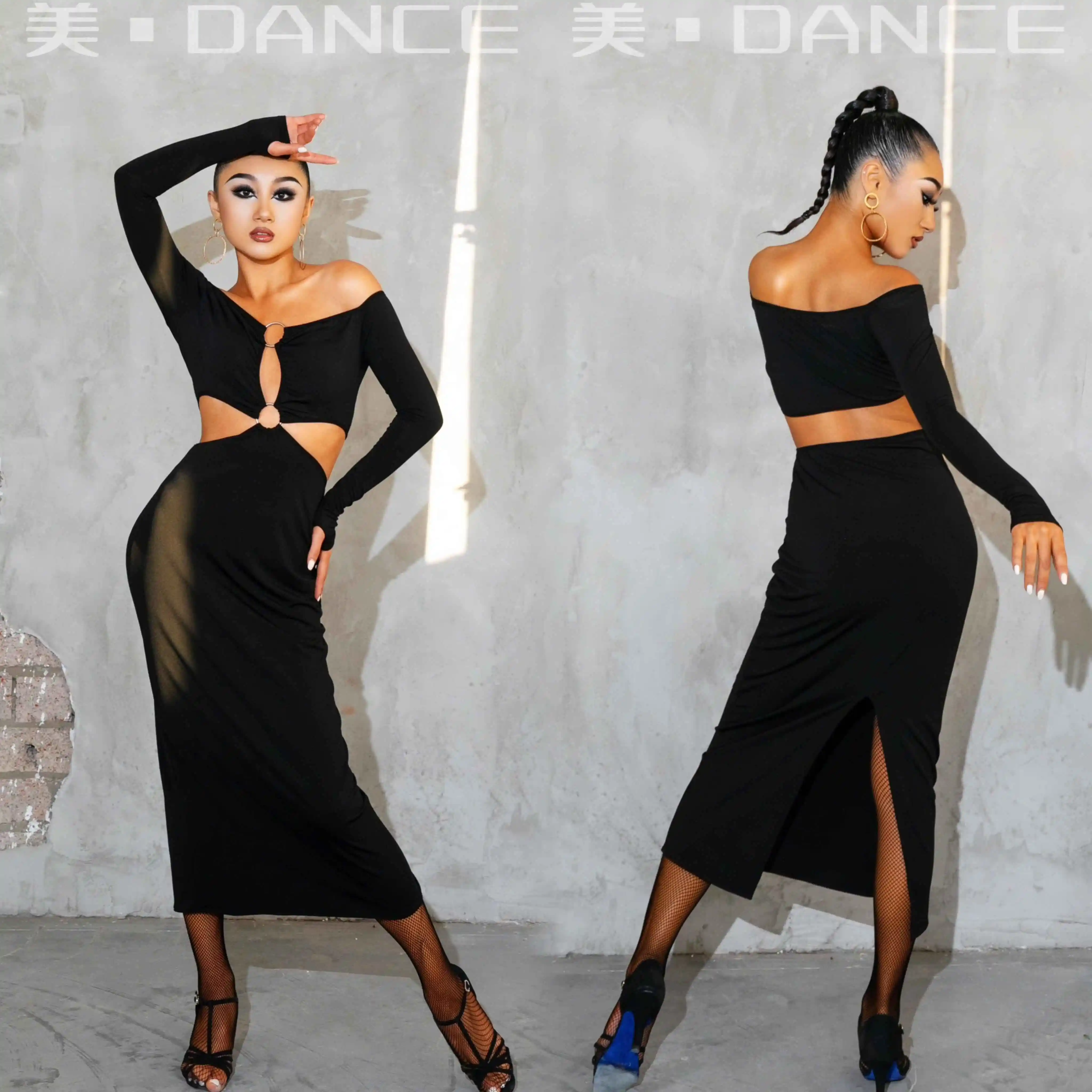 

Черное платье для латинских танцев, женское сексуальное длинное платье с длинными рукавами, одежда для танцев румбы, танго, гоночное платье SS1343