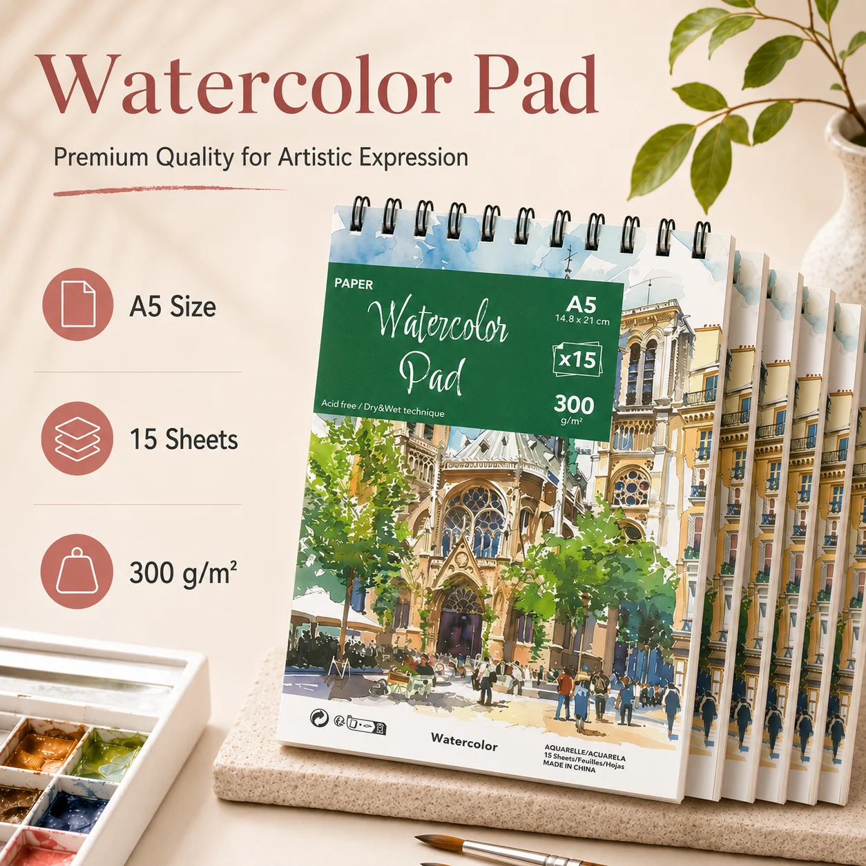 A5 Watercolor Pad | 15 Sheets 300gsm Acid-Free Paper | For Dry & Wet Painting | Back to School Art Supplies