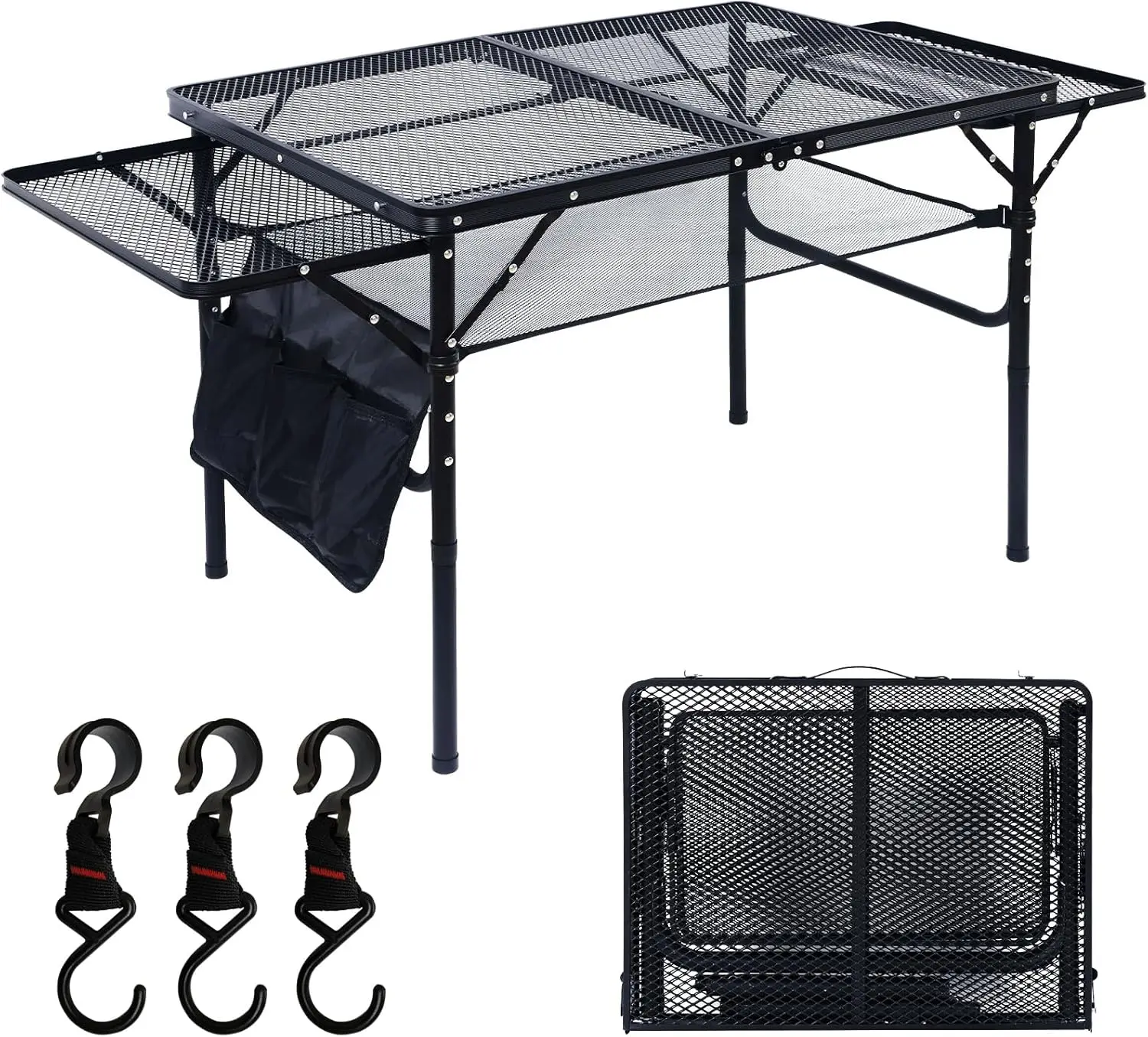 Folding Grill Table, 3Ft Portable Camping Table With 2 Wing Panels, Height Adjustable Metal Table With Cup Holder And 3 Hooks,