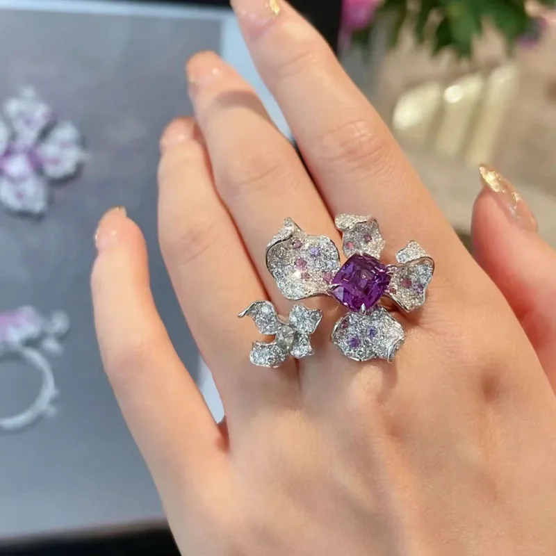 2022 New Trendy Big 925 Ring Amethyst Zircon Flower Open Rings for Women Luxury INS Style Party Dinner Sterling Silver Jewelry