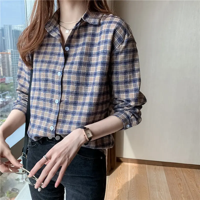 Women Shirt Thin Cotton Single Breasted Slim Office Lady Polo-neck Women\'s Clothing Long Sleeve Button Plaid Spring Autumn Trend