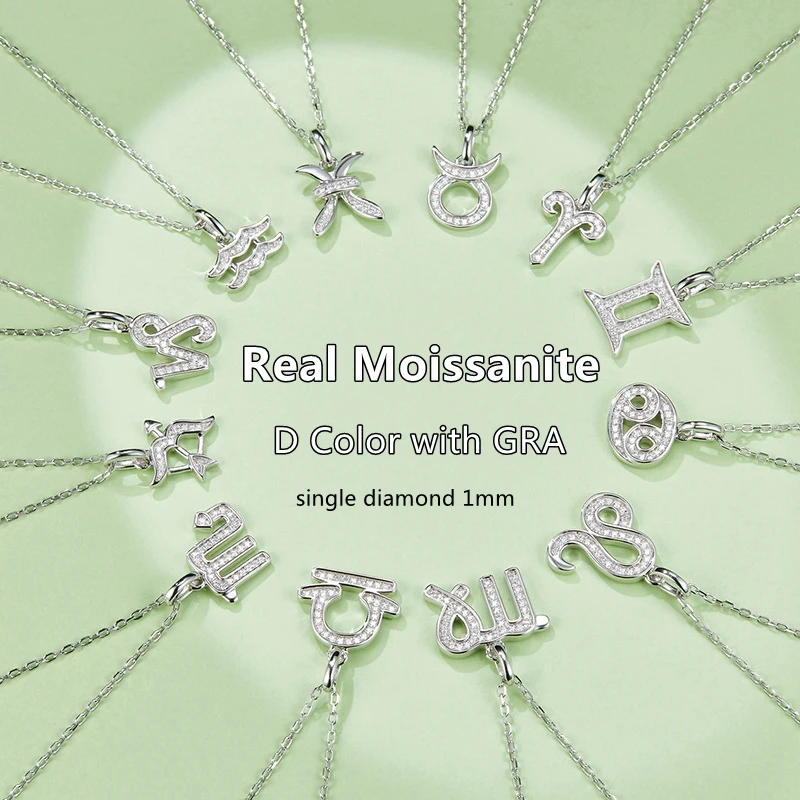 Real Moissanite 12 Constellation Pendant Necklaces For Women Men 925 Sterling Silver Aries Libra Leo Charm Jewelry Birthday Gift