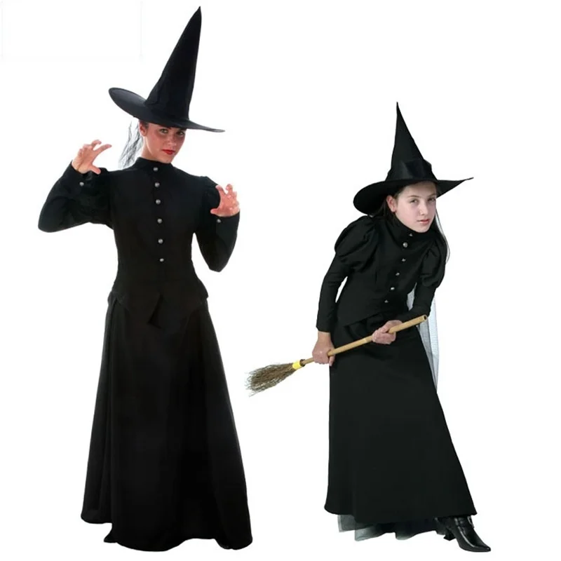 

New Fashion Black Witch Costume for Adult Kids Women Purim Halloween Cosplay Party Wizards Fancy Dress Cosplay Costumes