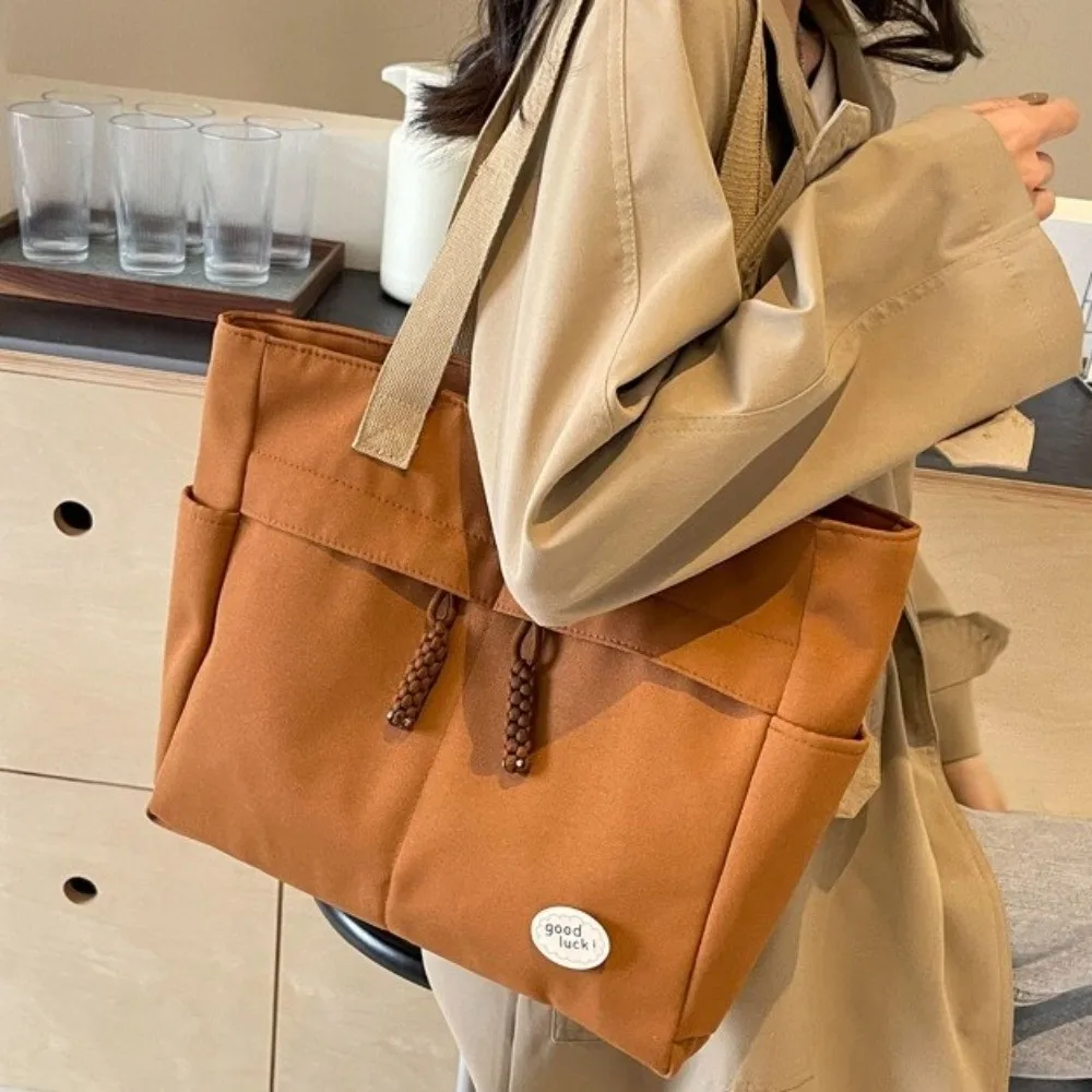 

Fashion Solid Color Canvas Tote Bag Multi Pocket Large Capacity Simple Handbag Japanese Style Shoulder Bag Girl