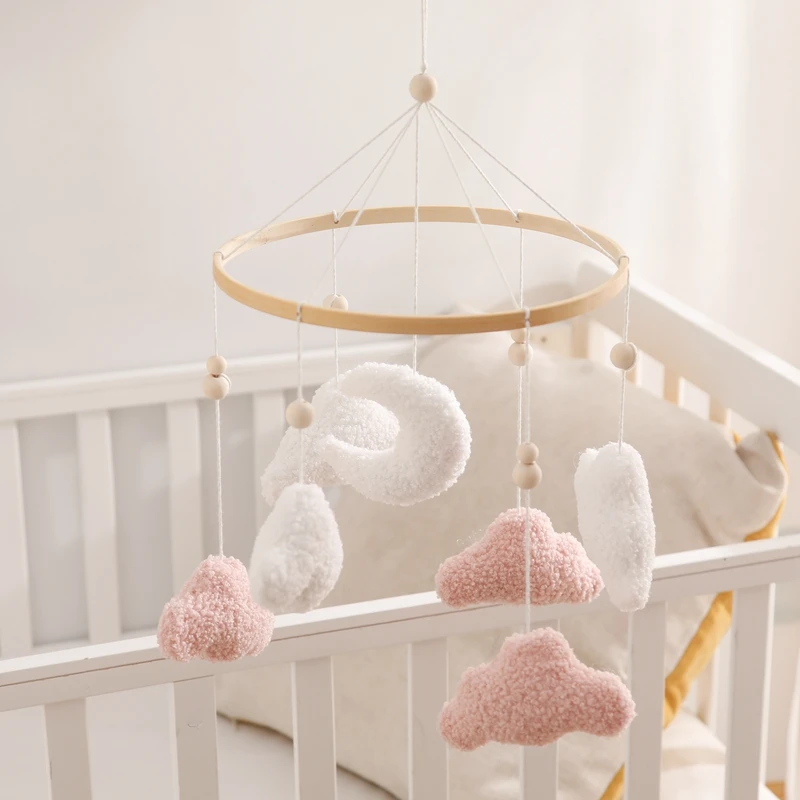 Baby Rattle Toys 0-12 Months Wooden Bed Bell Cartoon Cloud Lamb Hair Mobile Hanging Toy Hanger Crib Mobile Toy Bracket Kid Gifts