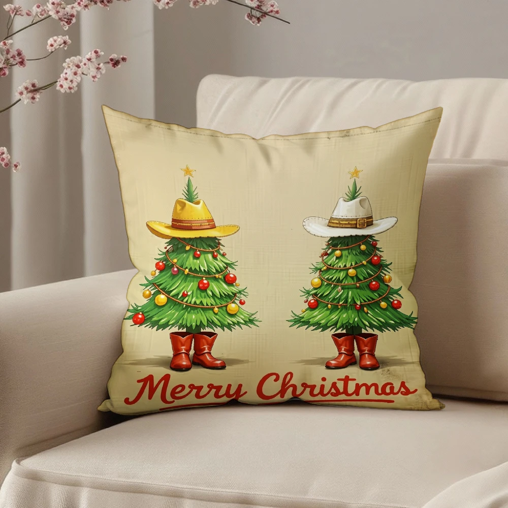 Square Throw Pillow Case Beige Cowboy Christmas Tree With Boots And Merry Christmas Text For Living Room Sofa Home Decor