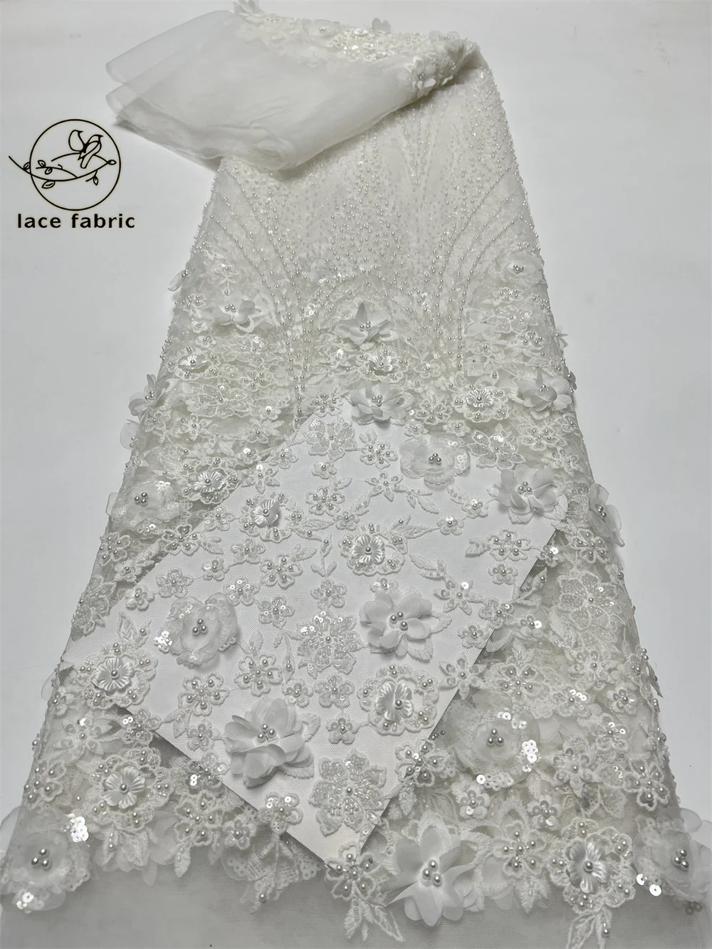 

White African 3D Flower Sequins Lace Fabric 2026 High Quality Lace Embroidery Beads Mesh Fabric 5 Yards For Women Wedding Party