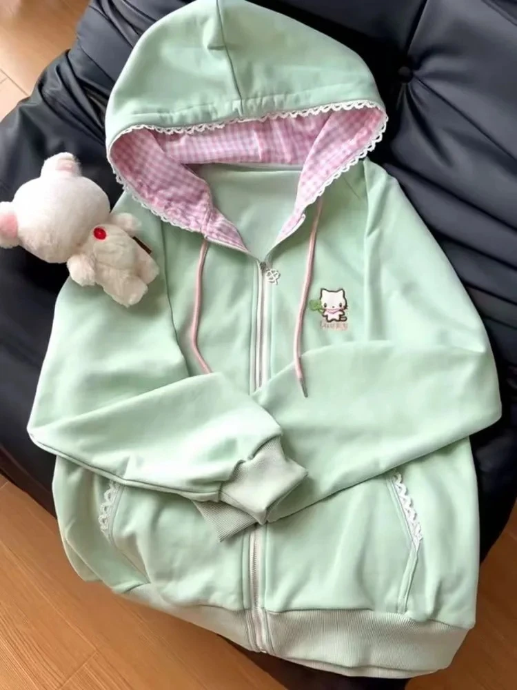 Kawaii لطيف طباعة اليابانية ملابس الشارع الشهير طويلة الأكمام المرأة الحلو نمط سستة البلوز فتاة لينة موضة ربيع 2025