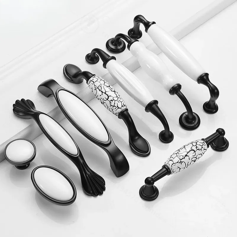 Black and White Ceramic Cabinet Door Handle American Zinc Alloy Kitchen Wardrobe Drawer Cabinet Kitchen Cabinet Door