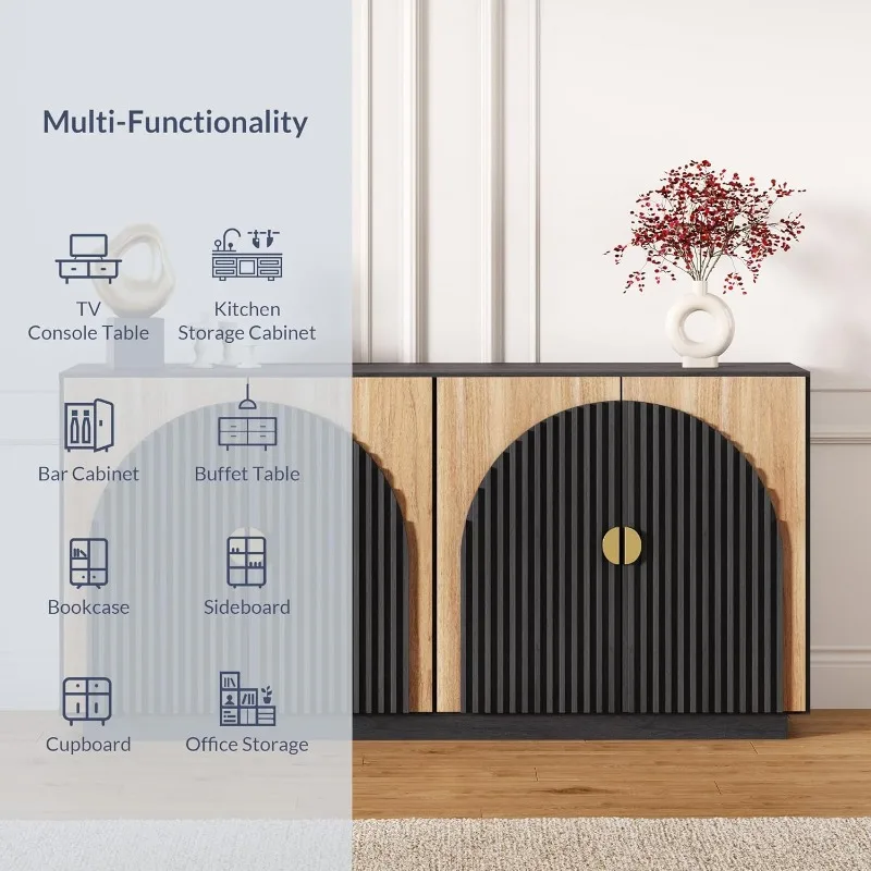 65 Inch Fluted Buffet Cabinet with Storage, Console Table for Dining Room, Kitchen, and Living Room (Camel)