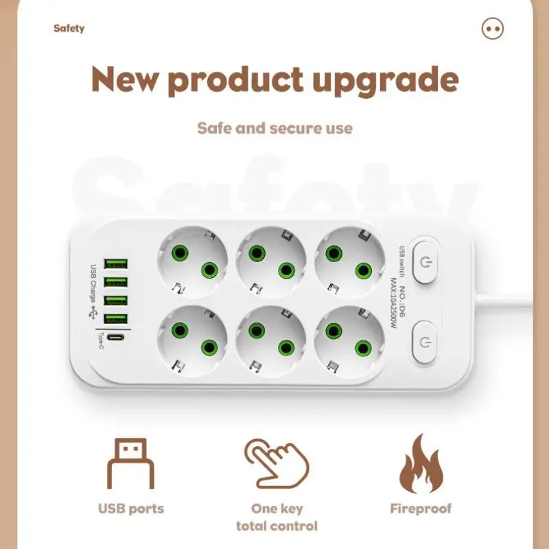 EU Plug Power Strip 6 AC Outlet Multitap Extension With 5 USB Ports 3m Cord Electrical Socket 2500W Fast Charge Surge Protector